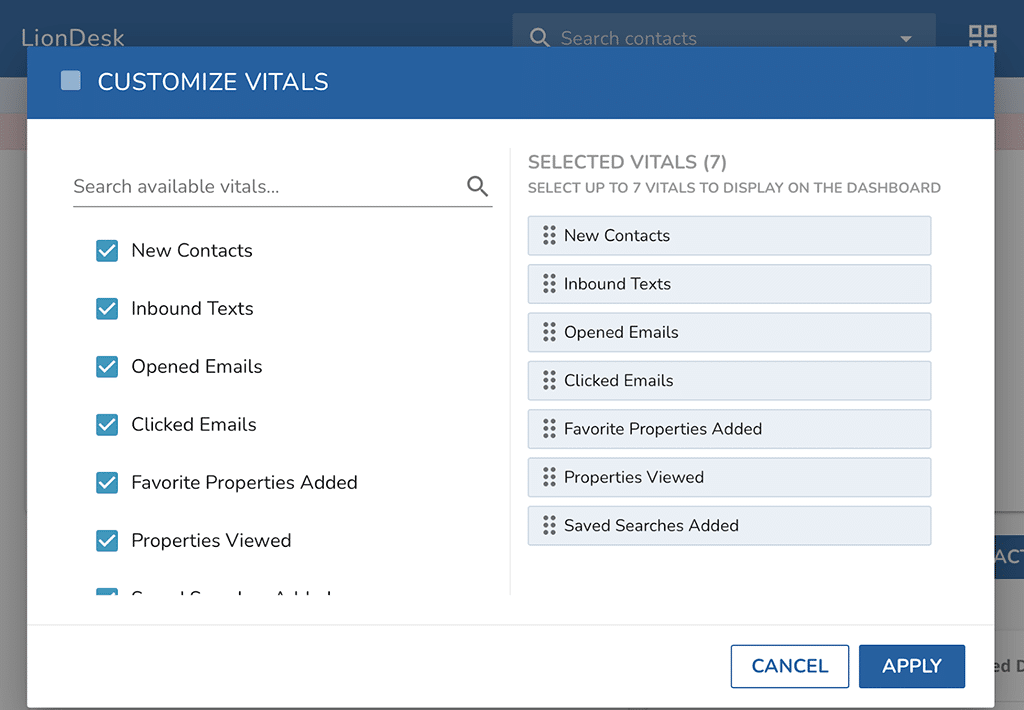 LionDesk customizable vitals section