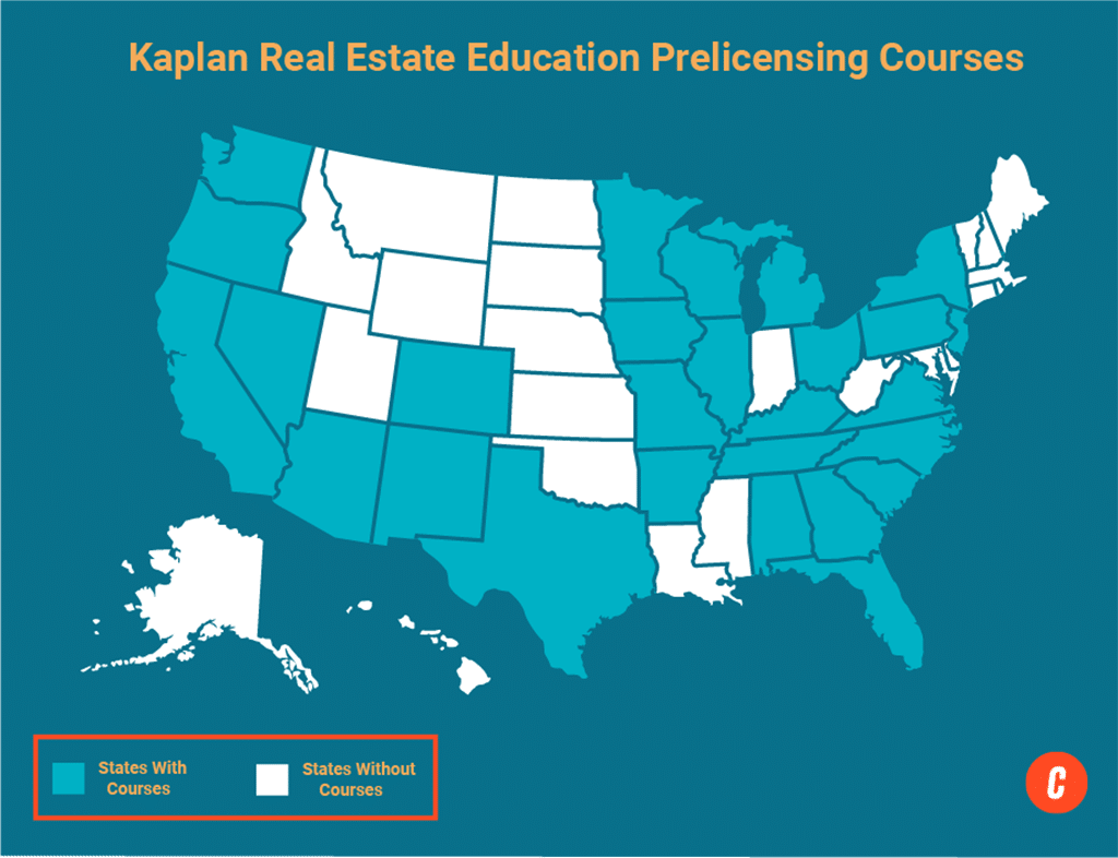 A U.S. map with states where Kaplan's available prelicensing courses are shaded