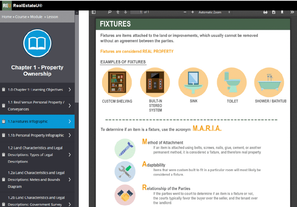 Screenshot of a lesson on real estate fixtures from RealEstateU's online education program