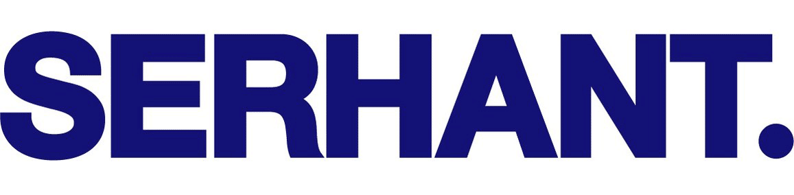 Serhant's logo in blue block letter over white background