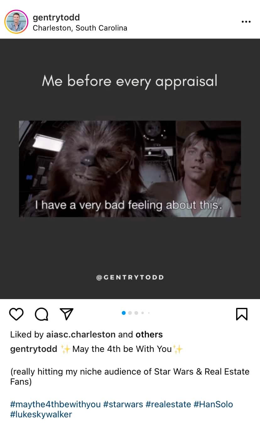 Screenshot of an Instagram post of a Star Wars meme. It includes a picture of Chewbacca and Luke Skywalker with the description: "Me before every appraisal" and the caption: "I have a very bad feeling about this."