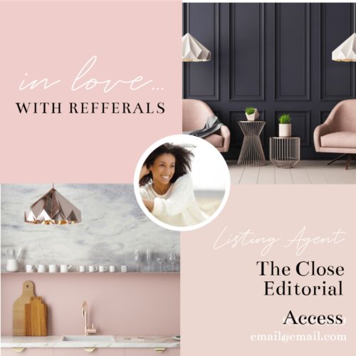 Screenshot of a referrals/lead generation post done in soft pink hues with a headshot in the center and two high-quality home interior pics on opposite corners.