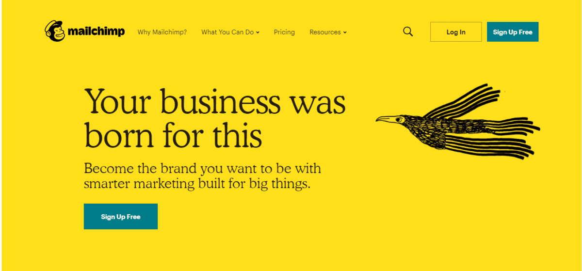 a screen shot of the Mailchimp homepage, an excellent choice for enewsletters, marketing tools, and emails.