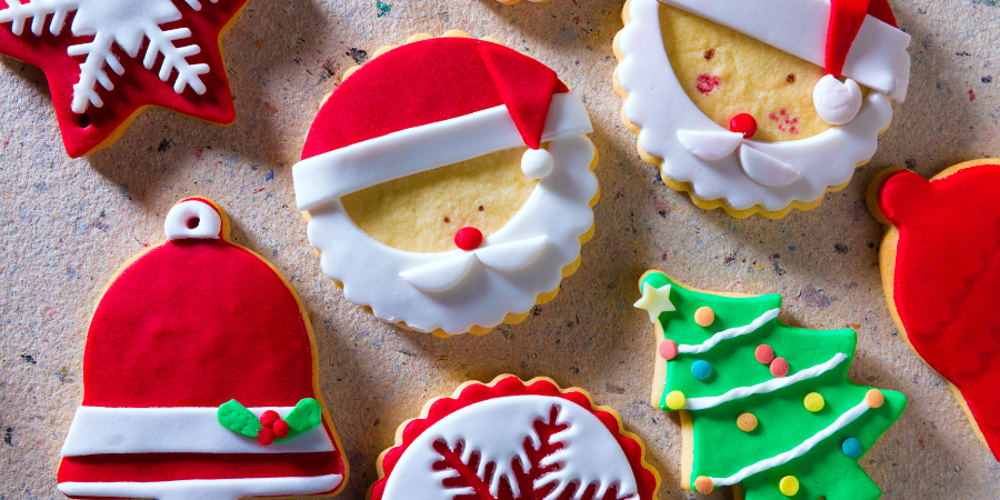 santa biscuit, christmas tree and bell