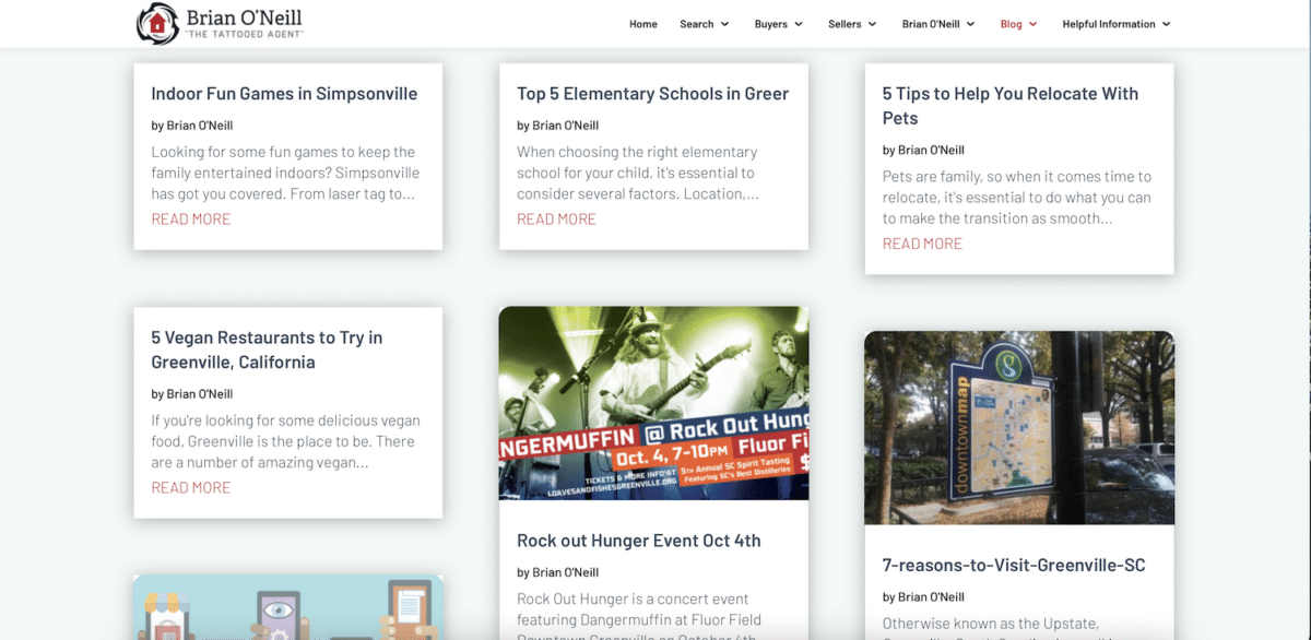 a screen shot of a Realtor's website that features blog posts on hyper-local issues like schools and local vegan restaurants.