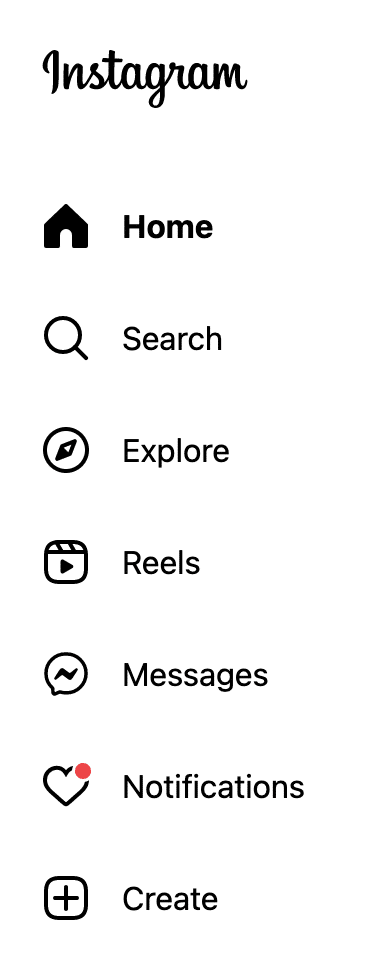 Screenshot of the left sidebar on Instagram with Home, Search, Explore, Reels, Messages, Notifications, and Create clickable links.