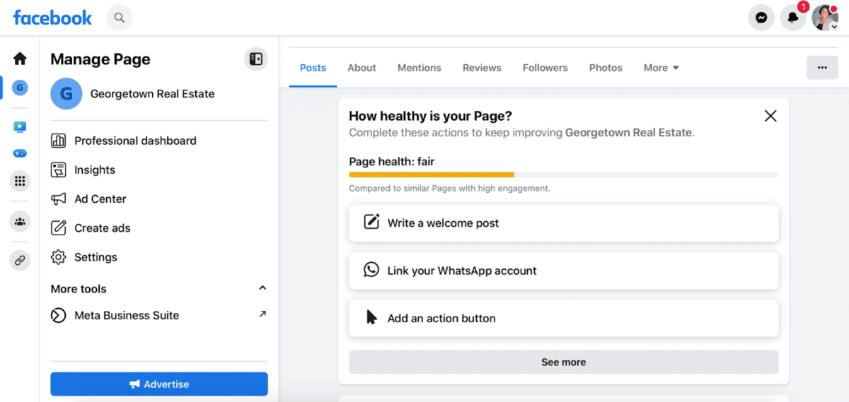 screenshot showing how to monitor the health of your Facebook page