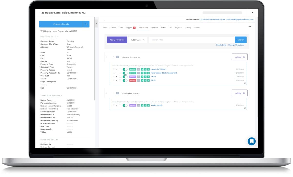 Snapshot of Open To Close dashboard. There is a checklist on the left side and a visual kanban dashboard in the middle, with important dates on the right.