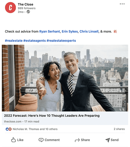 The Close featuring real estate experts like Ryan Serhant and Erin Sykes promoting an article