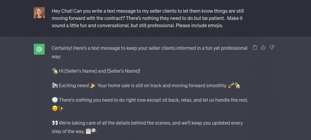 Screenshot of my ChatGPT prompt asking Chat to help me write a text message for my seller clients.
