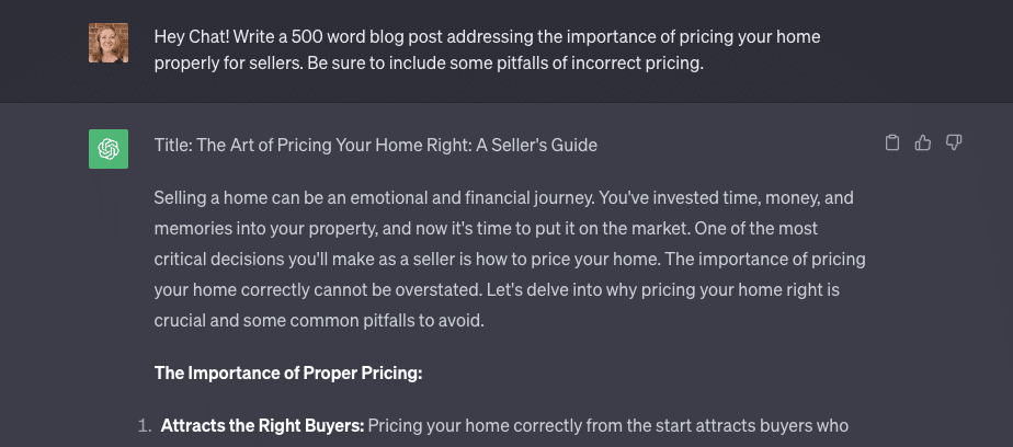 Screenshot of my ChatGPT prompt asking Chat to write a 500 word blog post.