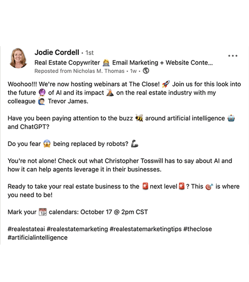 A LinkedIn post by Jodie Cordell announcing a webinar