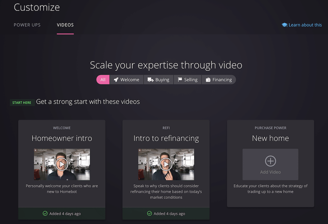 video manager page on Homebot software. There are a few sample videos, such as "Homeowner intro," and "Intro to refinancing."