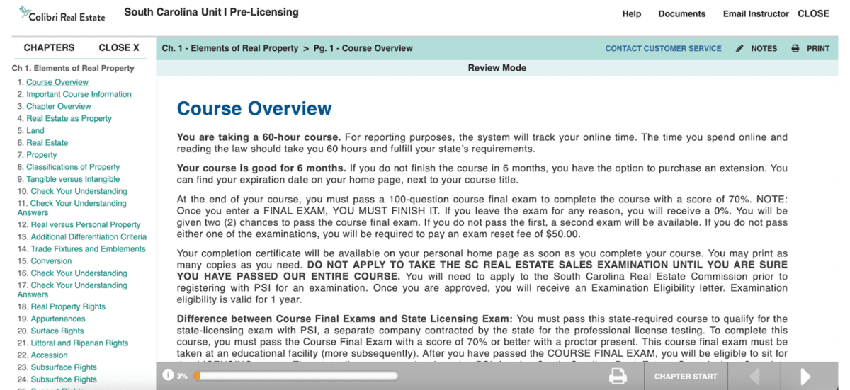 screenshot of an example of the course material offer in Colirbri prelicensing education