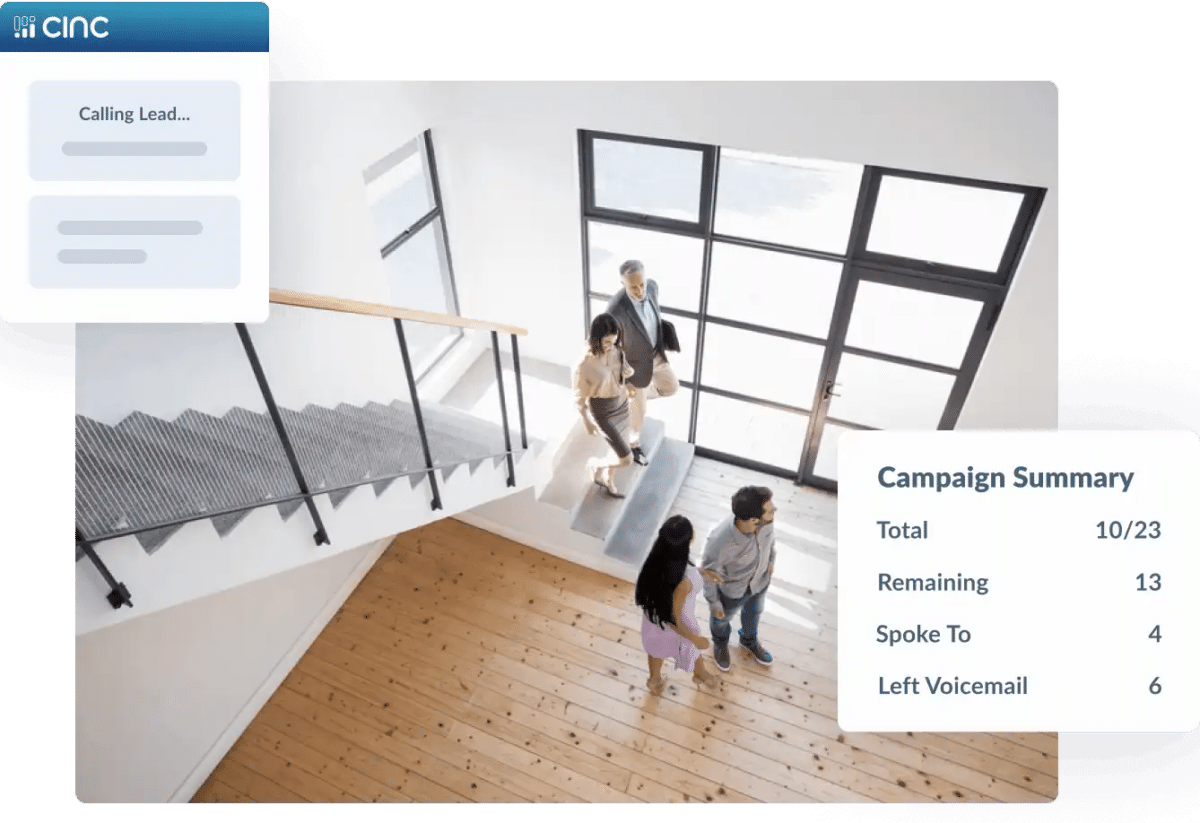 Two couples inside a home entry with a box containing a campaign summary from CINC