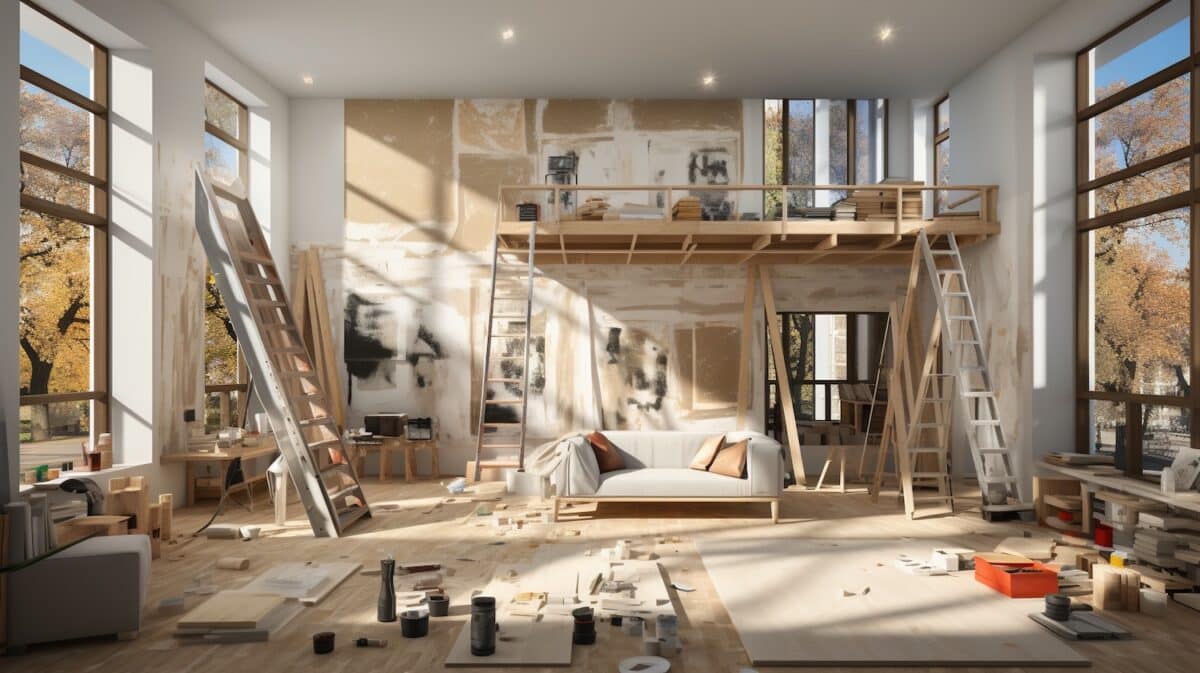 Loft being fully renovated, flooring and walls torn out, three ladders in the photo.