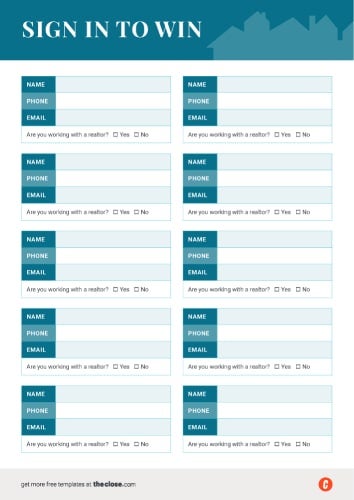 The Close open house sign-in sheet with giveaway template #9 in portrait format