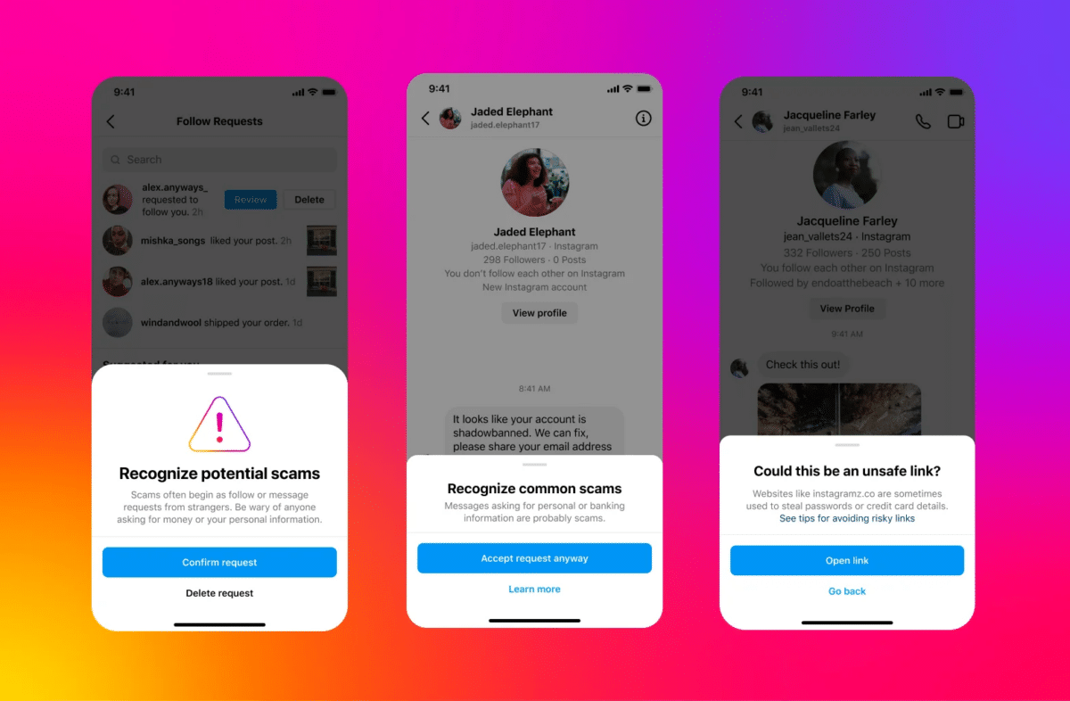 Three phone images showing the security alerts from Instagram.