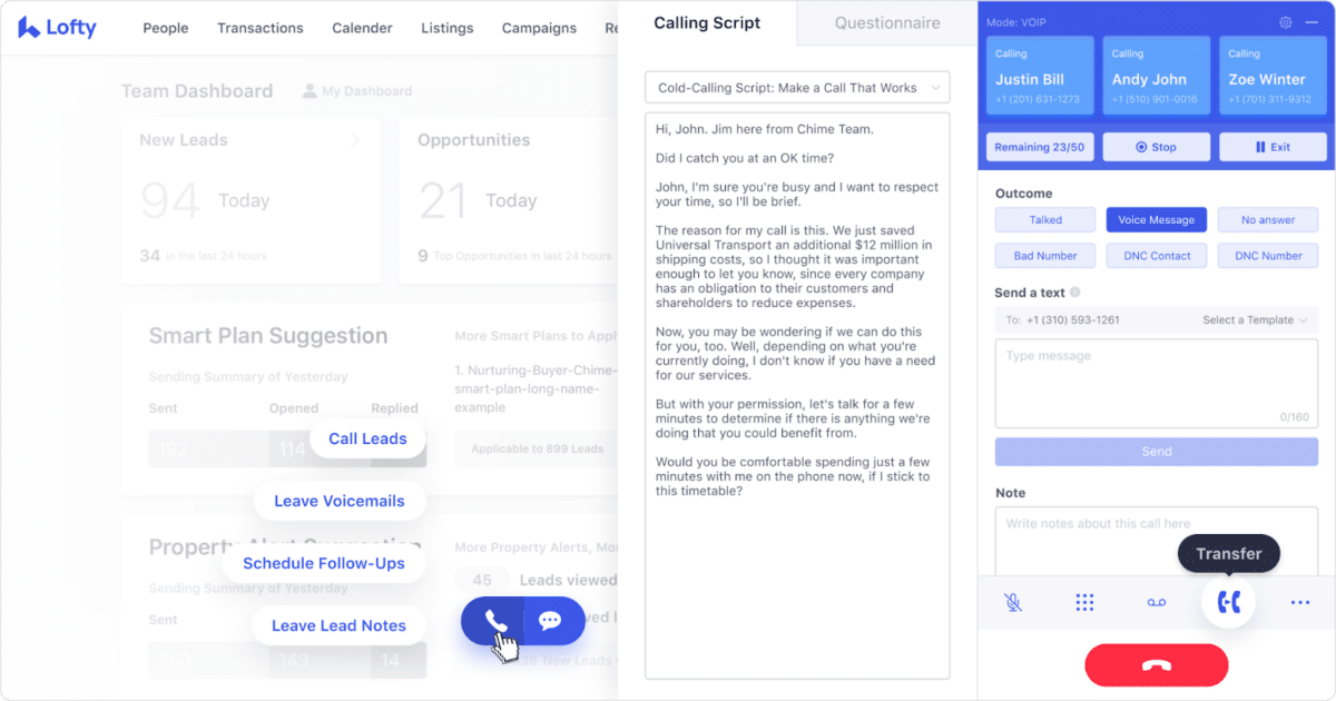 Screenshot of phone dialer interface with calling script