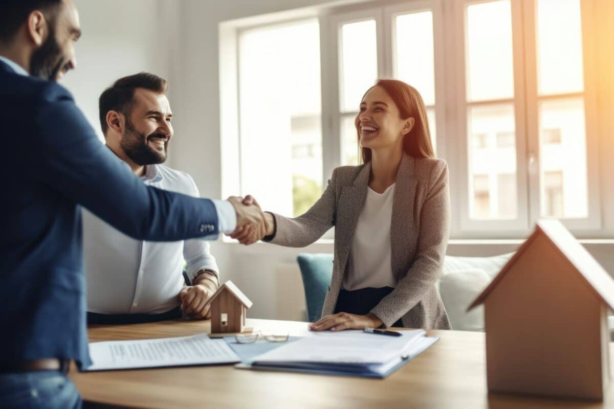 Woman standing next to two men shaking hands with one man over a table of paperwork.