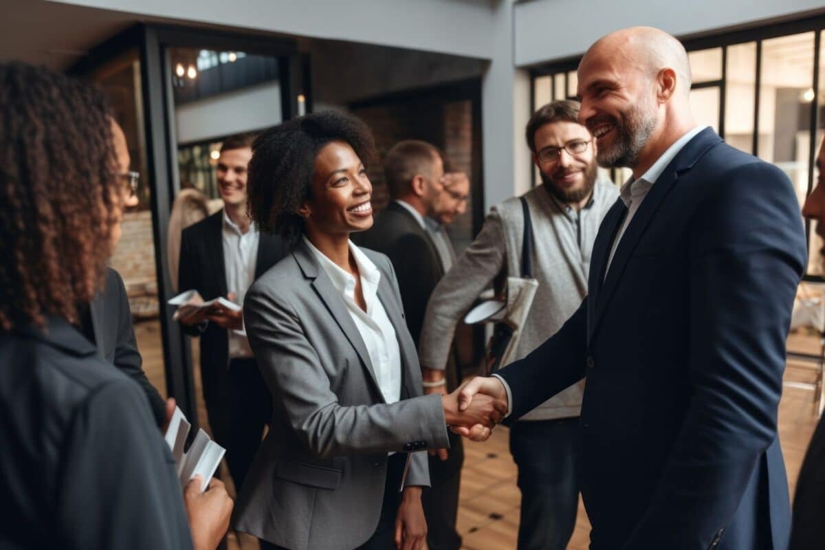 A group of people in a networking gathering with a man and a woman shaking hands.