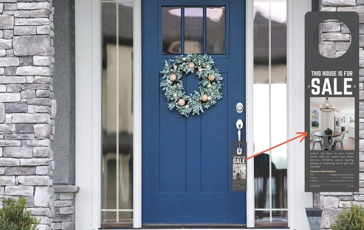 Front door of a residential home with a real estate door hanger on the door knob with an enlargement of the door hanger inset.