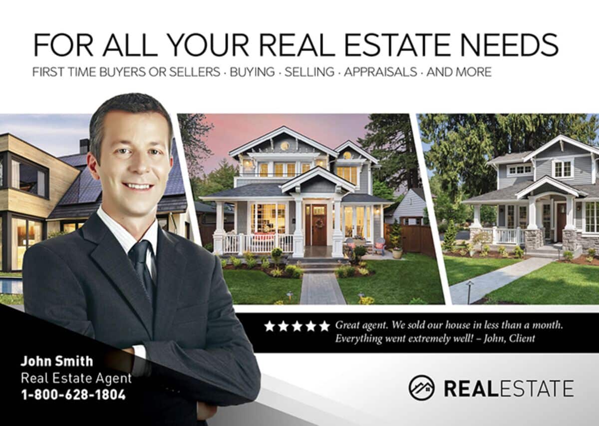 A postcard showing a real estate agent standing in front of three different houses, along with contact information and a client review.