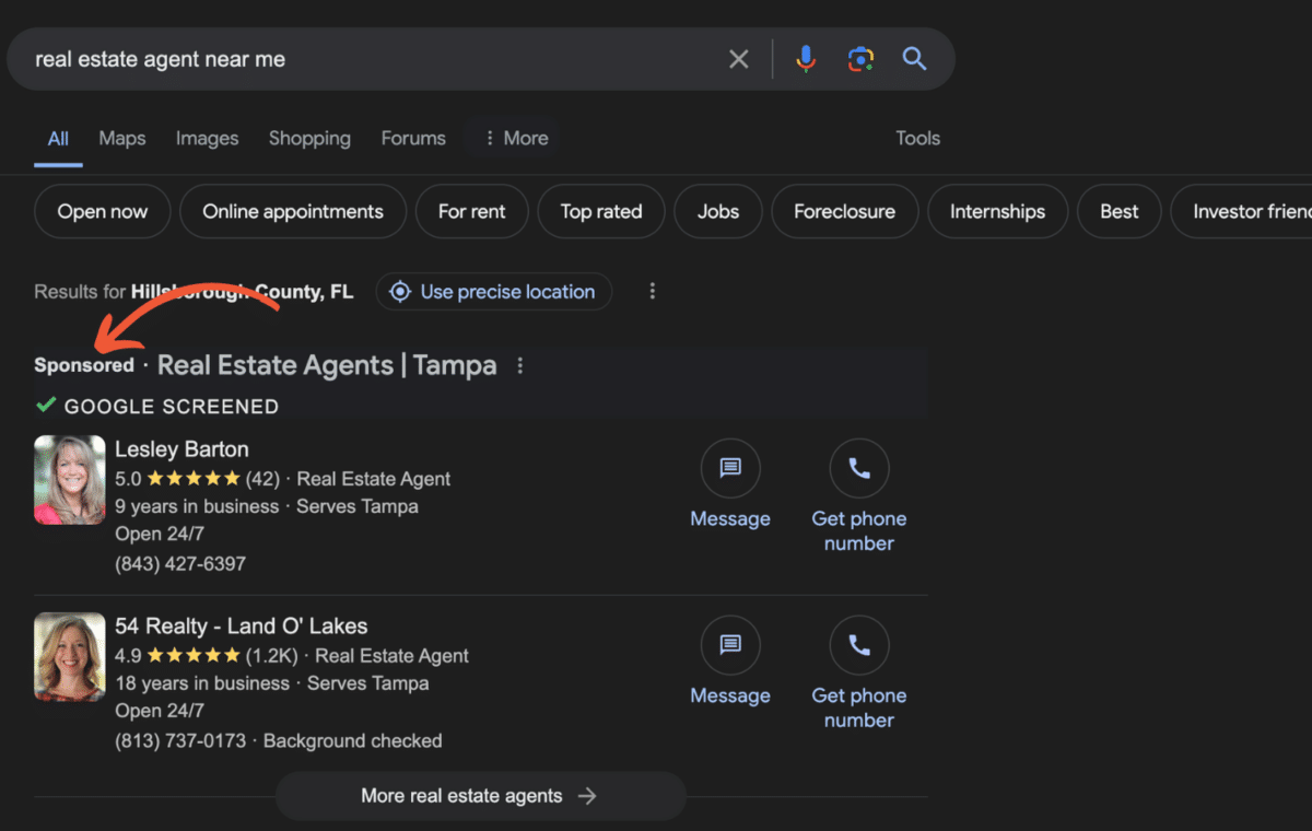 Screenshot of Google's search engine results page (SERP) showing real estate agents who paid to show up at the top.