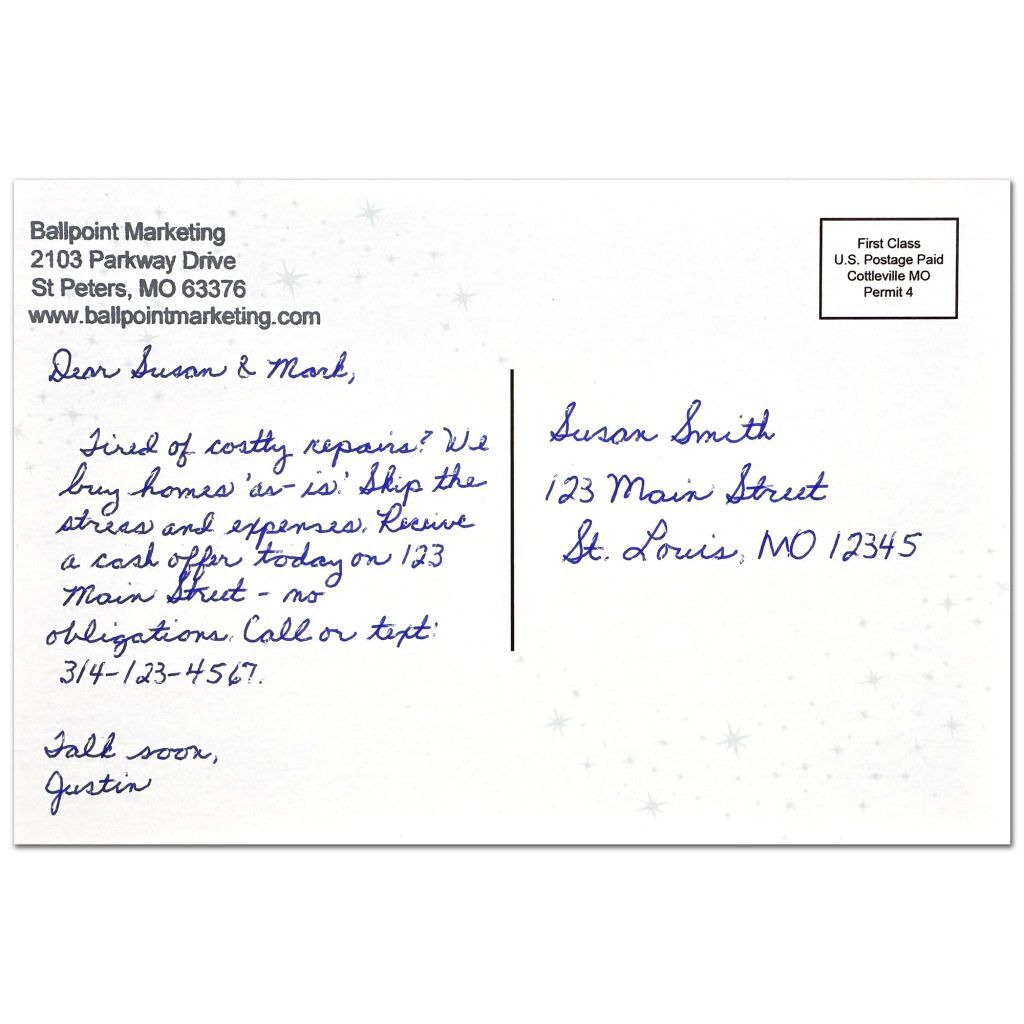 A sample handwritten postcard with a message to the client and the client's address.