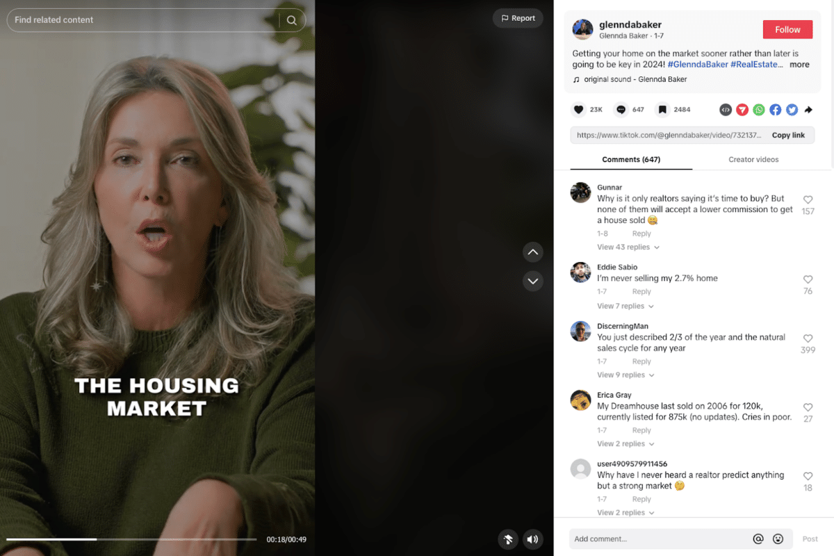 Screenshot of a TikTok video featuring Glennda Baker talking about what to expect in the upcoming real estate market. The text on the video reads, "The housing market."