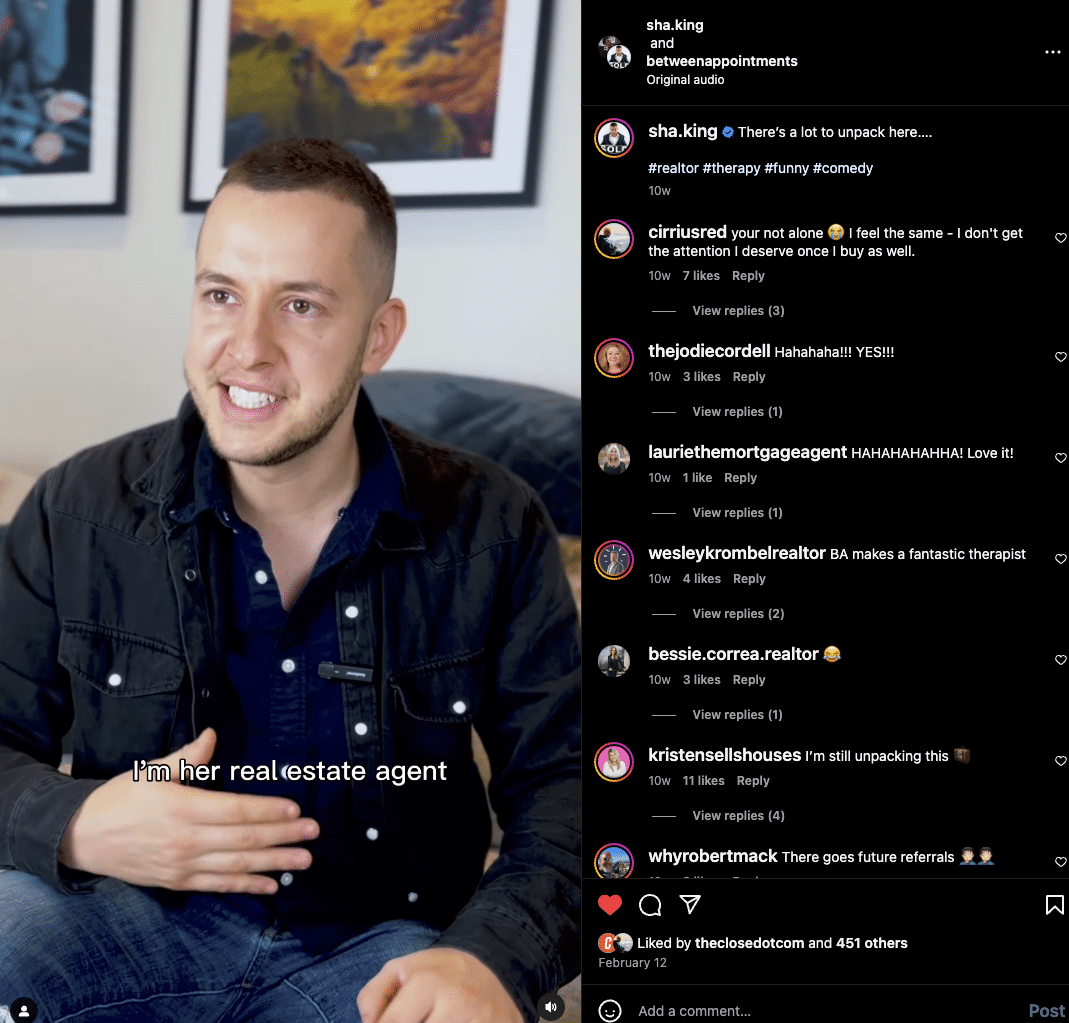 Screenshot of an Instagram Reel of Shaun King with overlay text that reads, "I'm her real estate agent."