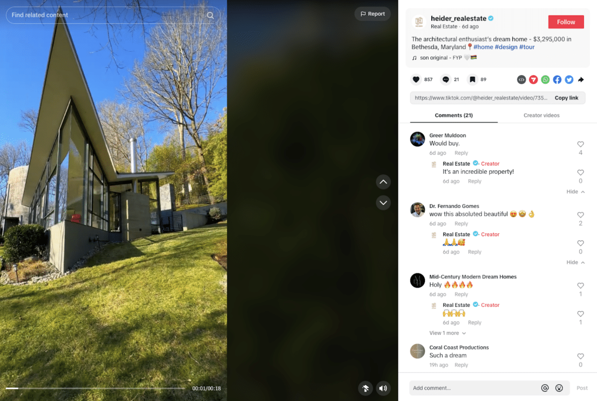 Screenshot of a TikTok video featuring an interesting, modern architecture home.