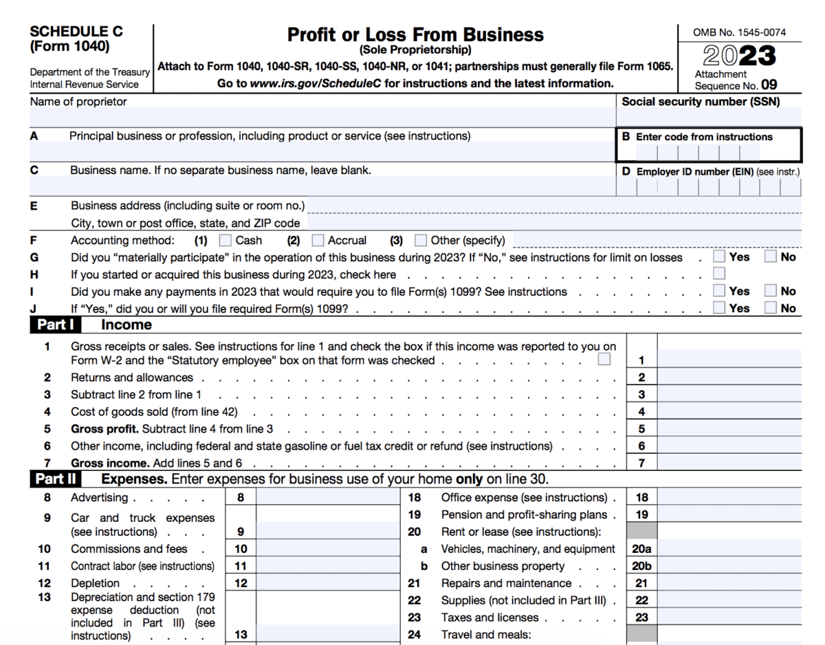 2023 profit or loss from business form (schedule C) for tax recording.