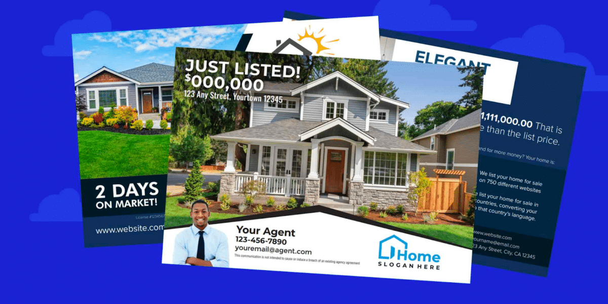 Three overlapping examples of real estate postcards advertising listings.