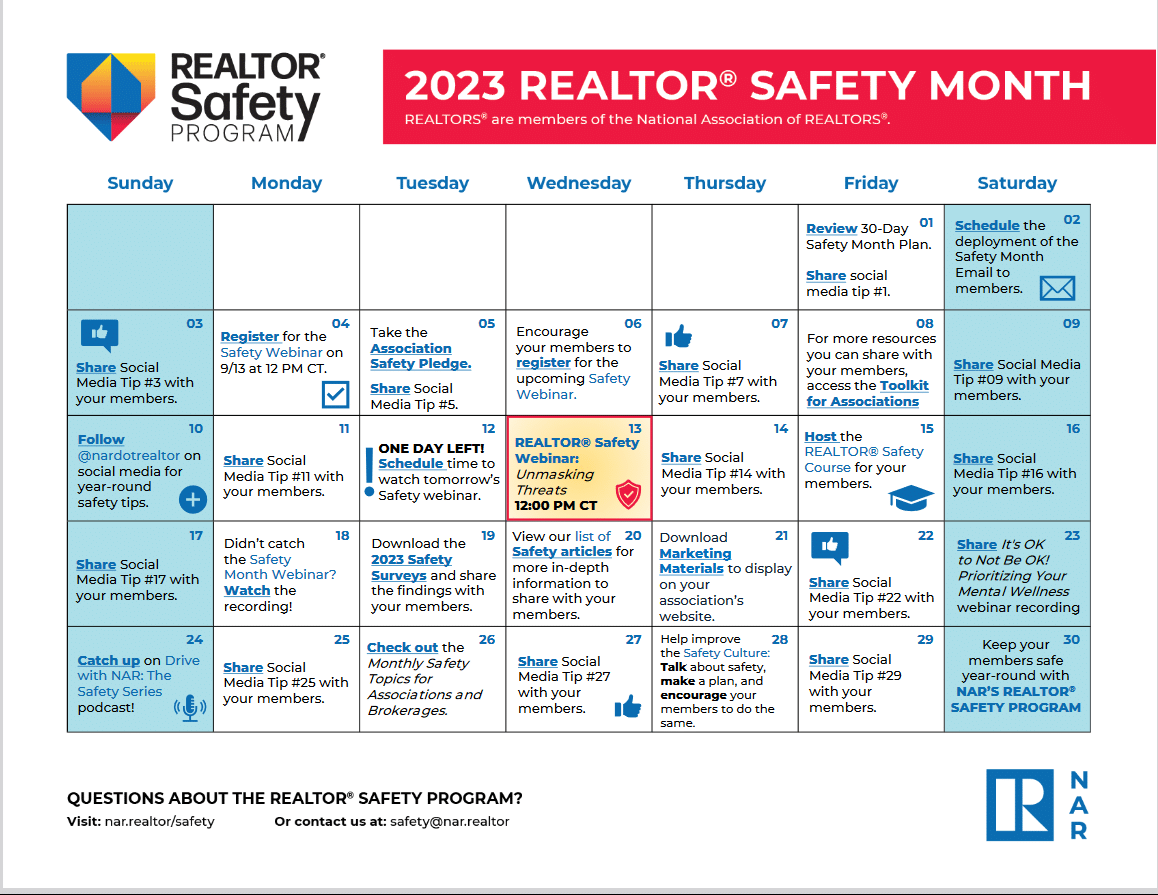 A screenshot of the 2023 Realtor Safety Program calendar.