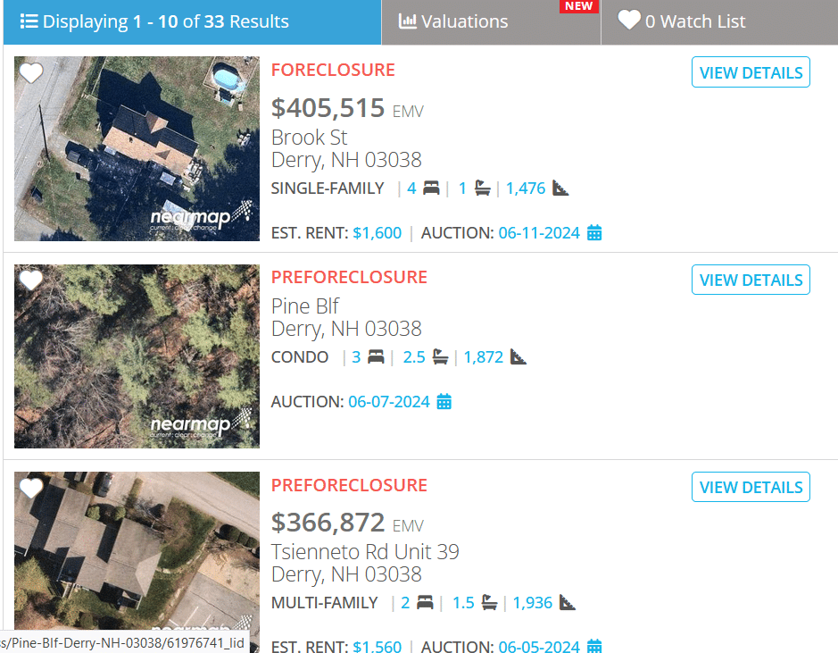 The home search portal showing a few homes that are up for auction with their listing details.