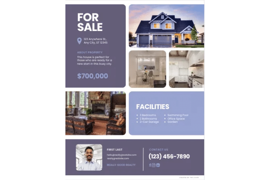 A real estate flyer template featuring a house for sale from Canva