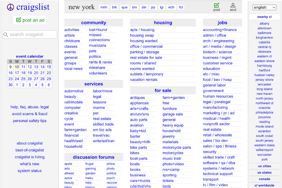 Craigslist homepage for New York