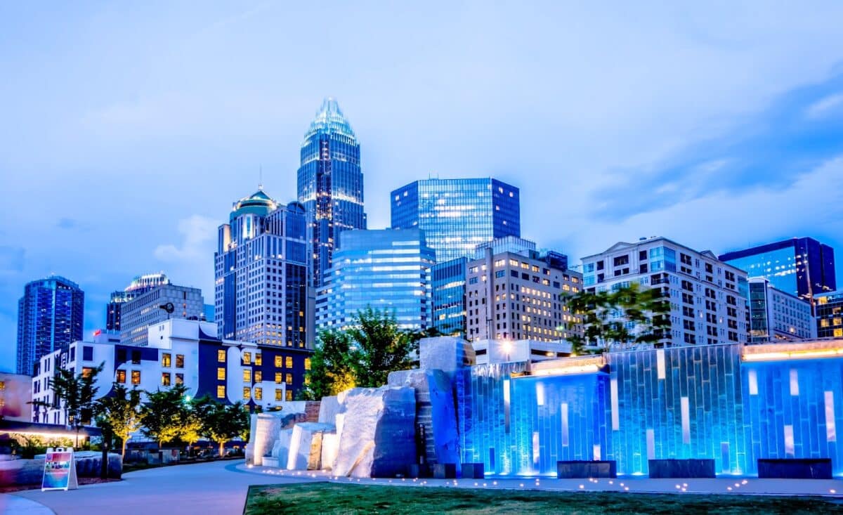 Downtown Charlotte at twilight, one of our best cities for real estate agents