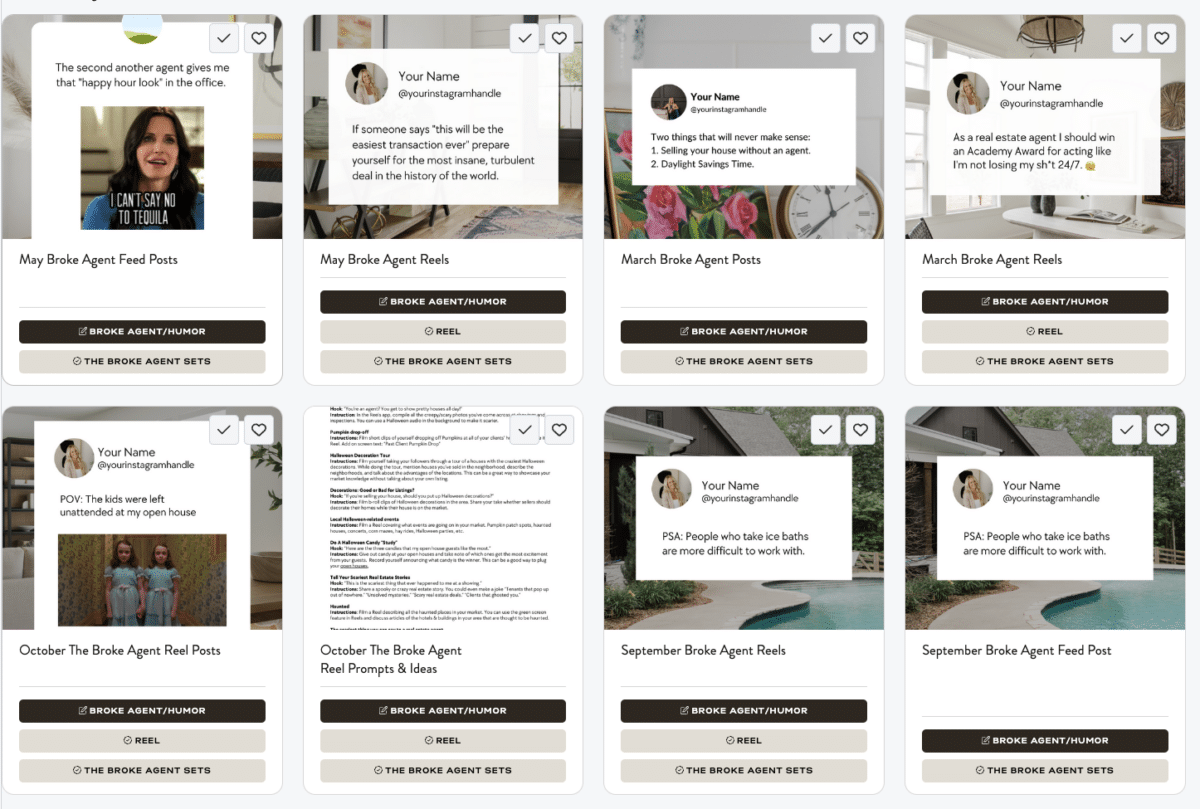 Screenshot of several Broke Agent funny real estate meme templates from the Coffee & Contracts dashboard.