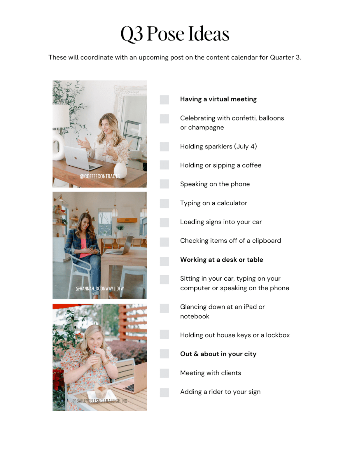 Screenshot of Q3 pose ideas from the branding photos guide with a list of different poses and a few pictures of what some look like.
