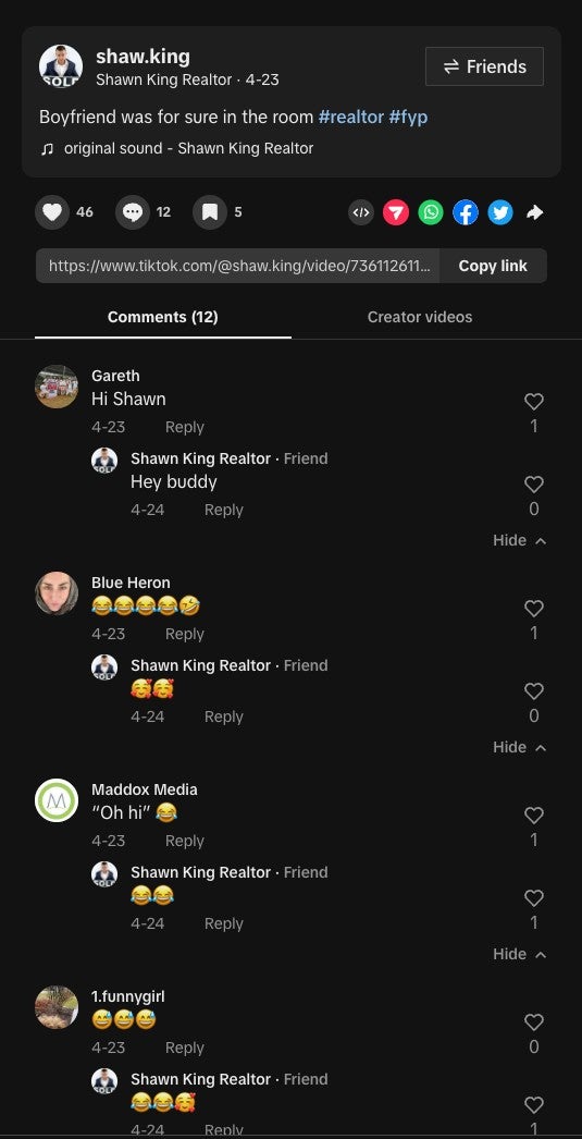 Screenshot of a comment section from a TikTok video from Shawn King. It shows Shawn responding to multiple comments on his video, including emojis.