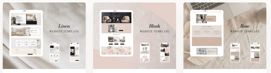 Screenshot of three templates for websites in linen, blush, and rose.