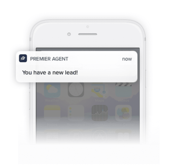 Smartphone with a popup from Zillow Premier Agent that reads, "You have a new lead!"