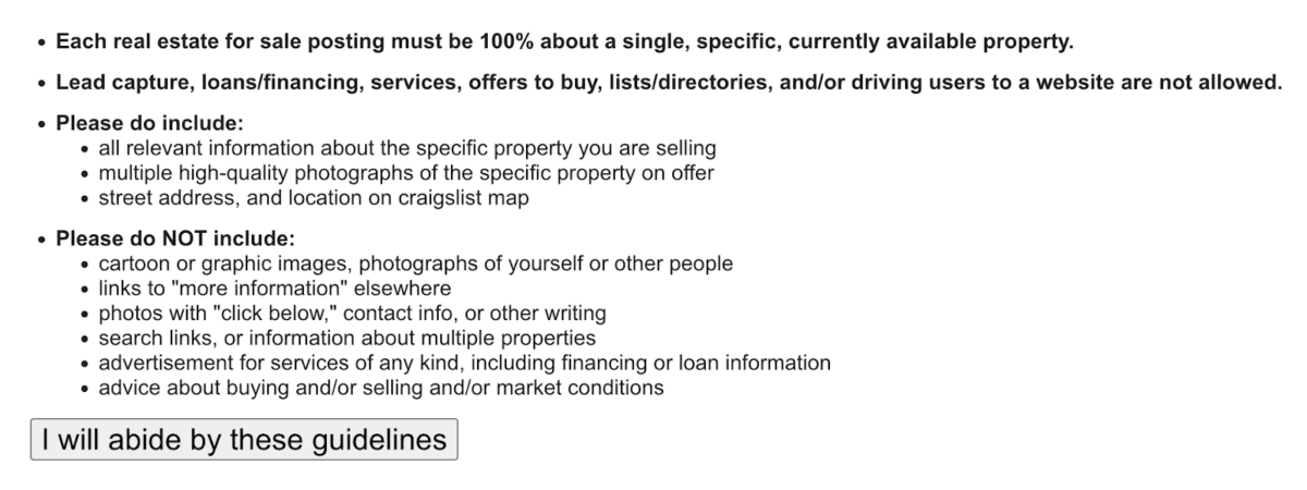 Craigslist's real estate posting guidelines with an "I will abide by these guidelines" button at the bottom.