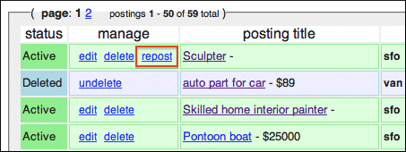 Screenshot of Craigslist dashboard highlighting the repost feature