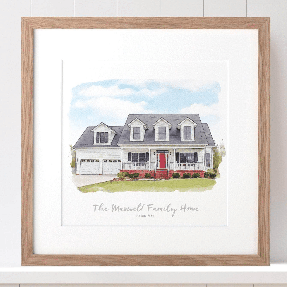 Framed painted image of a home with family name listed under image