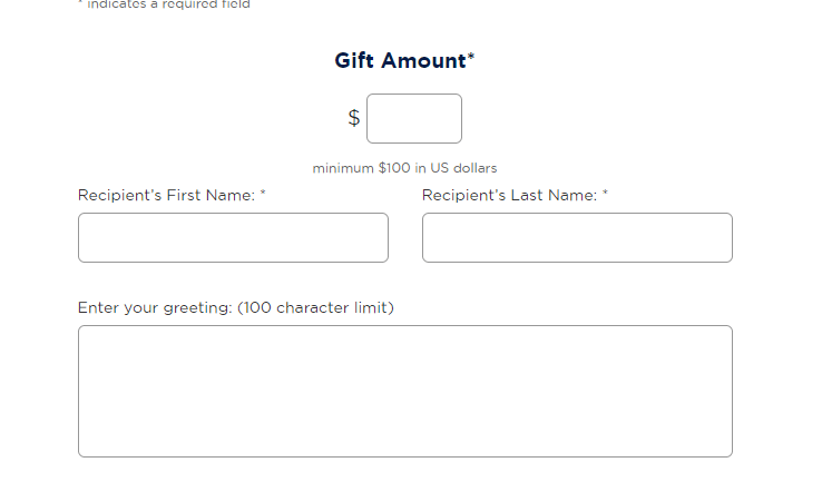 Screenshot of gift card form to select amount, recipient name, and message