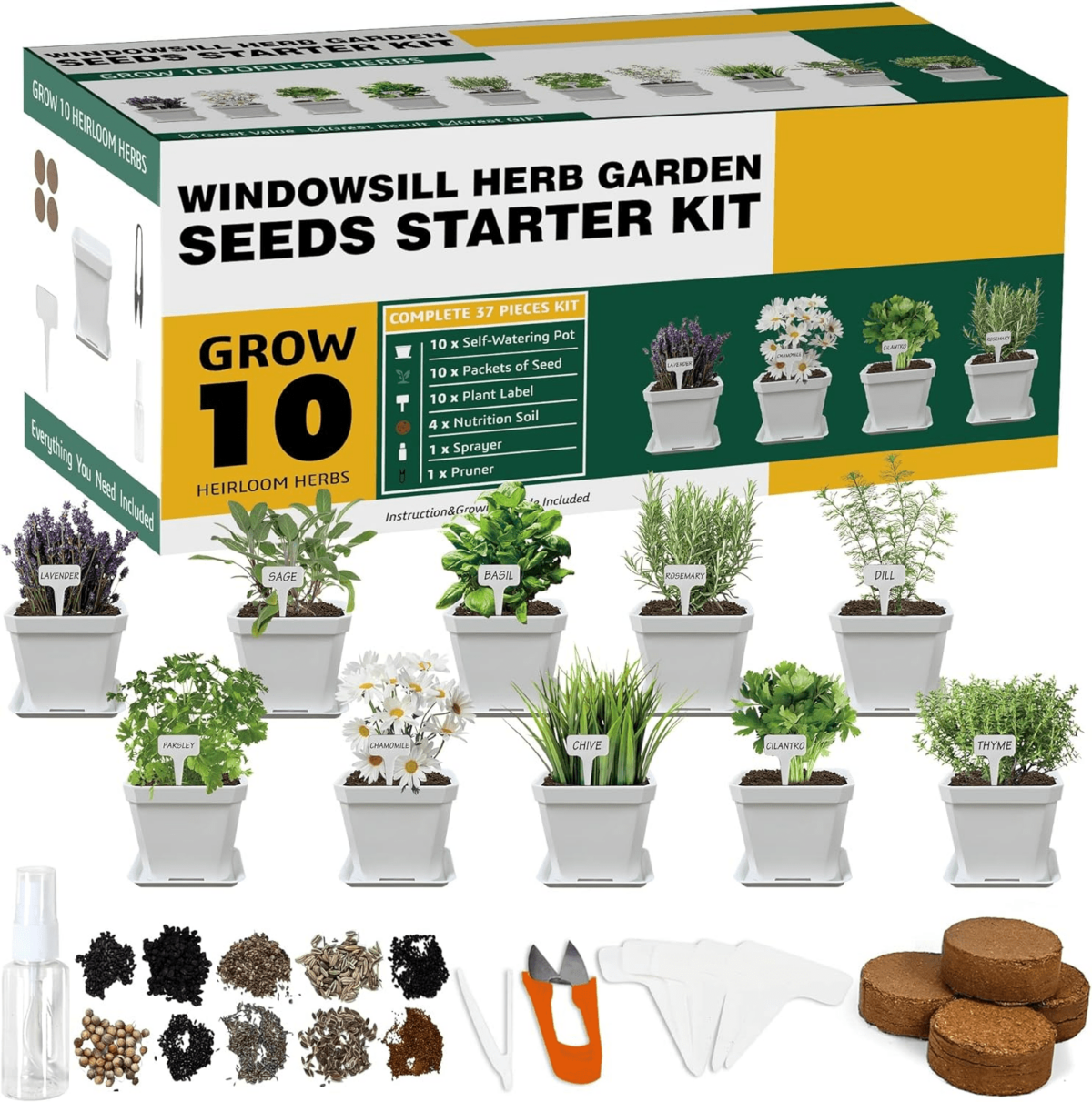 Seed starter kit with images of each plant and products that come inside of the kit