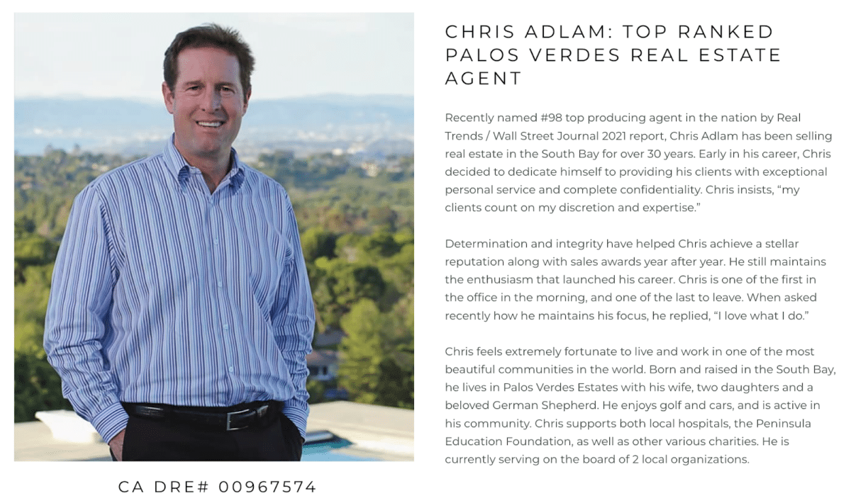 Screenshot of Chris Adlam's realtor bio